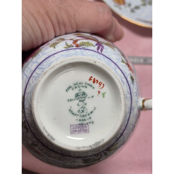 Crown Staffordshire Footed Cup & Saucer F8393 Bird of Paradise Blue /Gold 1940 G - Picture 6 of 8